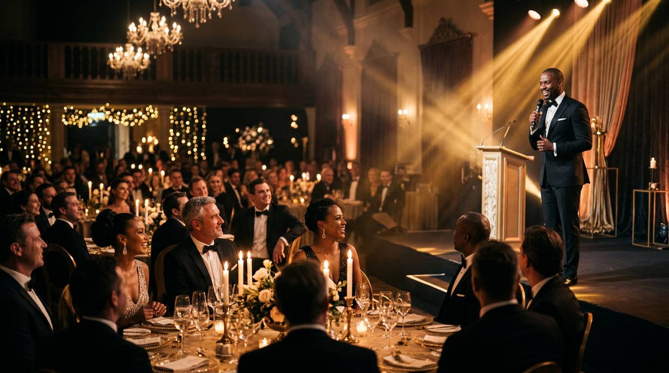 Premium black-tie corporate gala in South Africa with a charismatic host on stage under warm gold spotlights